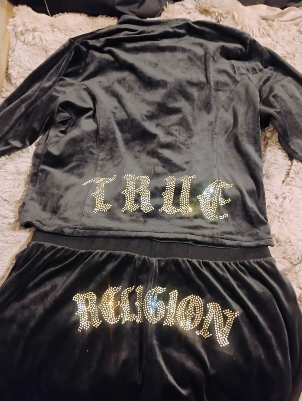 Brand New Black Blinged Out True Religion Velor Track Set
